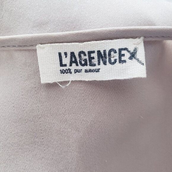 L'AGENCE 100% Silk Beige Ruffle Front Blouse Size 4 Shimmer Long Sleeve Pleats - Picture 7 of 11